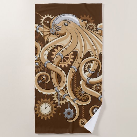 Octopus Steampunk Surreal Retro Stijl Machine Strandlaken (Voorkant)