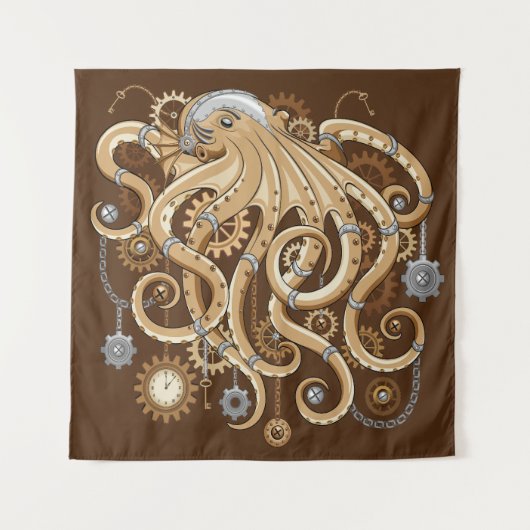 Octopus Steampunk Surreal Retrostijlmachine Wandkleed (Voorkant)