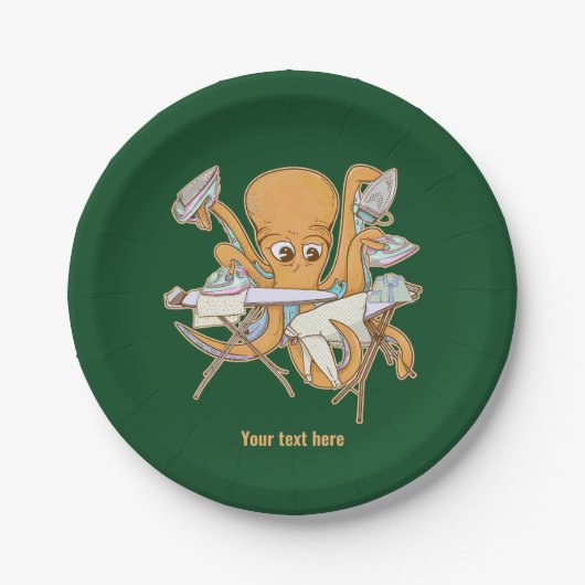 Octopus strijken, overweldigd door klusjes. papieren bordje (Voorkant)