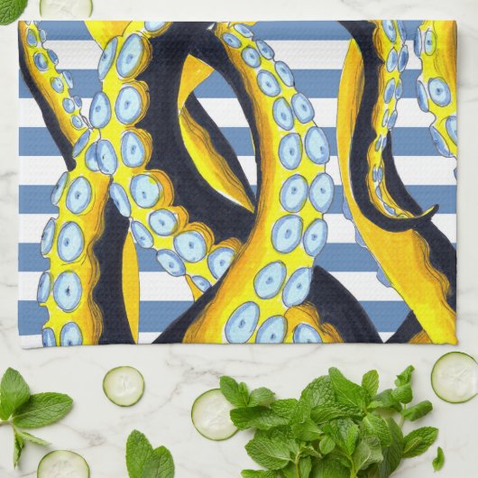 Octopus Tentacles Blue Stripes Theedoek (Gevouwen)
