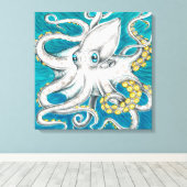 Octopus Tentacles Groene blauwgroen inkt Canvas Afdruk (Insitu (Houten vloer))