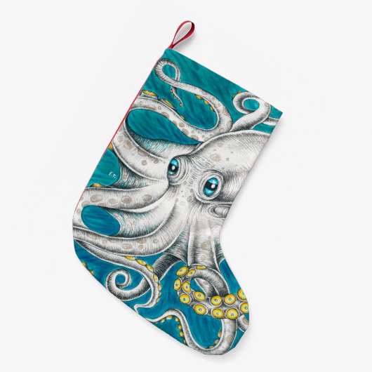 Octopus Tentacles Groene blauwgroen inkt Kleine Kerstsok (Voorkant (Hangend))