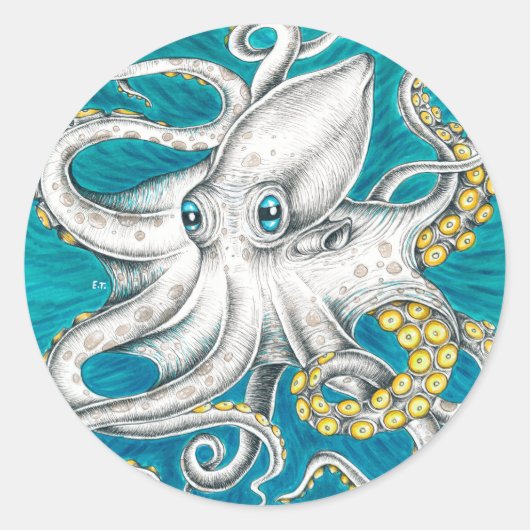 Octopus Tentacles Groene blauwgroen inkt Ronde Sticker (Voorkant)