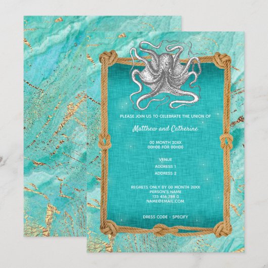 Octopus touw frame oceaan blauw goud maritiem kaart (Voorkant / Achterkant)