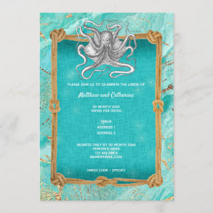 Octopus touw frame oceaan blauw goud maritiem kaart
