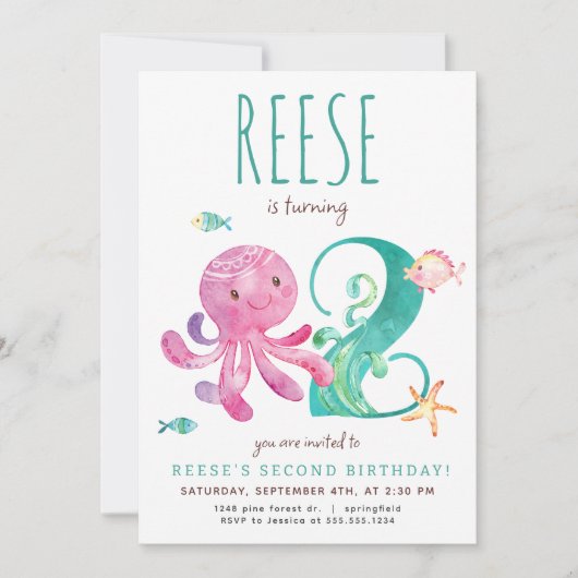 Octopus tweede verjaardag uitnodiging (Voorkant)