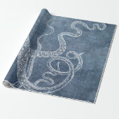 Octopus Twilight Blue Denim Waterverf Art Cadeaupapier (Uitgerold)