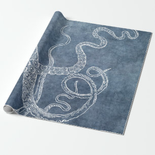Octopus Twilight Blue Denim Waterverf Art Cadeaupapier