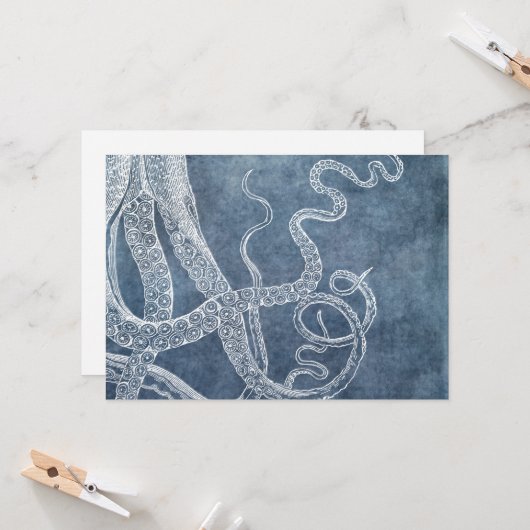 Octopus Twilight Blue Denim Waterverf Art Kaart (Voorkant / Achterkant in situ)