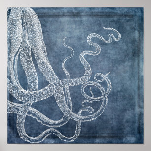 Octopus Twilight Blue Denim Waterverf Art Poster