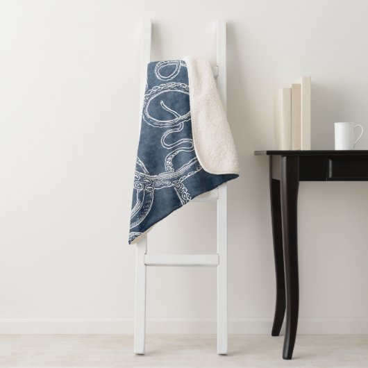 Octopus Twilight Blue Denim Waterverf Art Sherpa Deken (In situ)