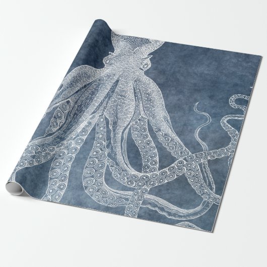  Octopus Twilight Blue Denim Waterverf Cadeaupapier (Uitgerold)