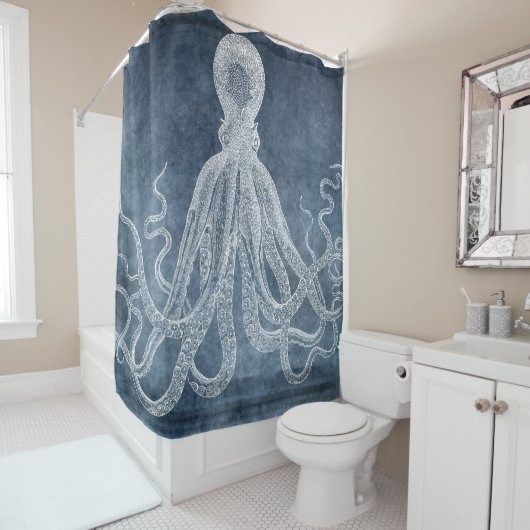  Octopus Twilight Blue Denim Waterverf Douchegordijn (In situ)