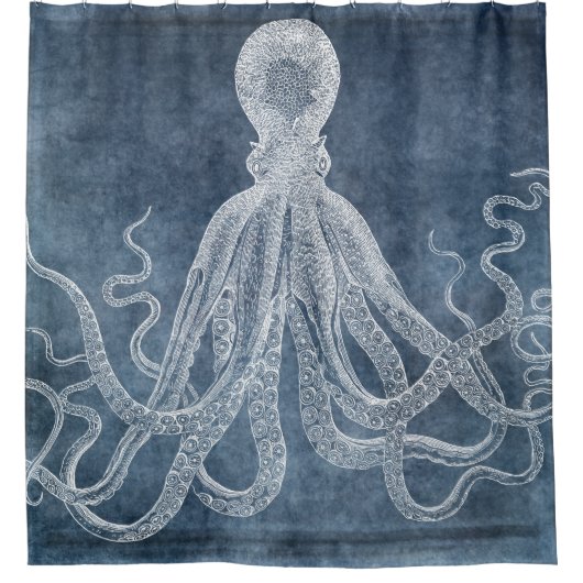 Octopus Twilight Blue Denim Waterverf Douchegordijn (Voorkant)