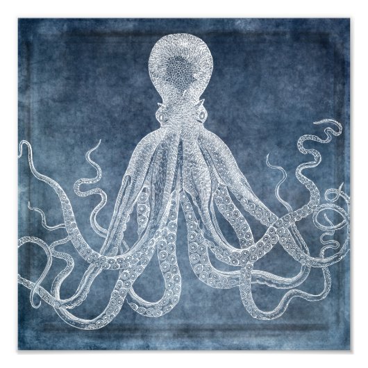  Octopus Twilight Blue Denim Waterverf Foto Afdruk (Voorkant)