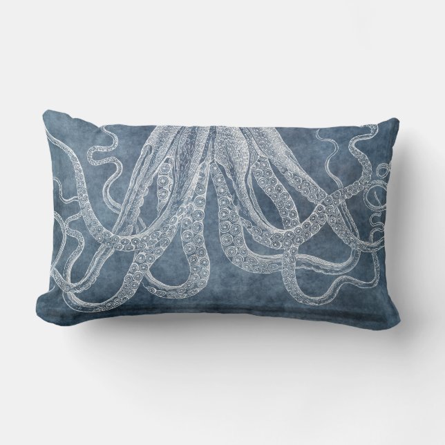 Octopus Twilight Blue Denim Waterverf Kussen (Voorkant)