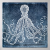  Octopus Twilight Blue Denim Waterverf Poster (Voorkant)