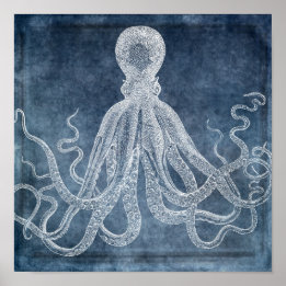 Octopus Twilight Blue Denim Waterverf Poster