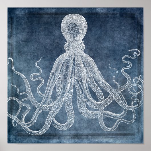  Octopus Twilight Blue Denim Waterverf Poster (Voorkant)