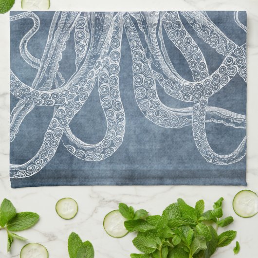  Octopus Twilight Blue Denim Waterverf Theedoek (Gevouwen)