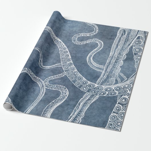 Octopus - Twilight Blue Faded Denim Waterverf Art Cadeaupapier (Uitgerold)