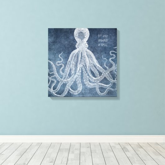 Octopus Twilight Blue Waterverf Quote Canvas Afdruk (Insitu (Houten vloer))