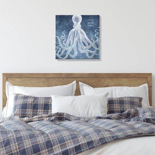 Octopus Twilight Blue Waterverf Quote Canvas Afdruk (Insitu (Slaapkamer))