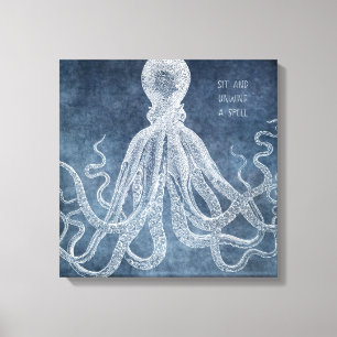  Octopus Twilight Blue Waterverf Quote Canvas Afdruk