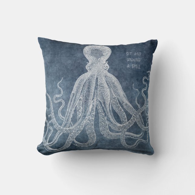  Octopus Twilight Blue Waterverf Quote Kussen (Voorkant)