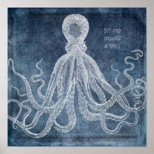  Octopus Twilight Blue Waterverf Quote Poster