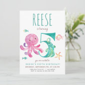 Octopus Uitnodiging voor vijfde verjaardag (Staand voorkant)