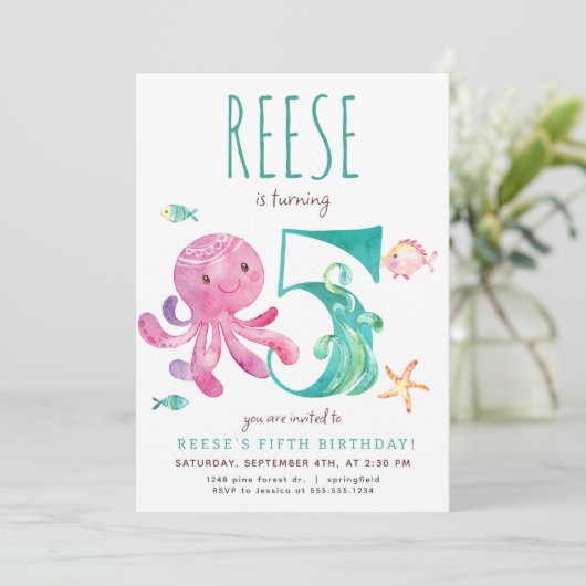 Octopus Uitnodiging voor vijfde verjaardag (Staand voorkant)