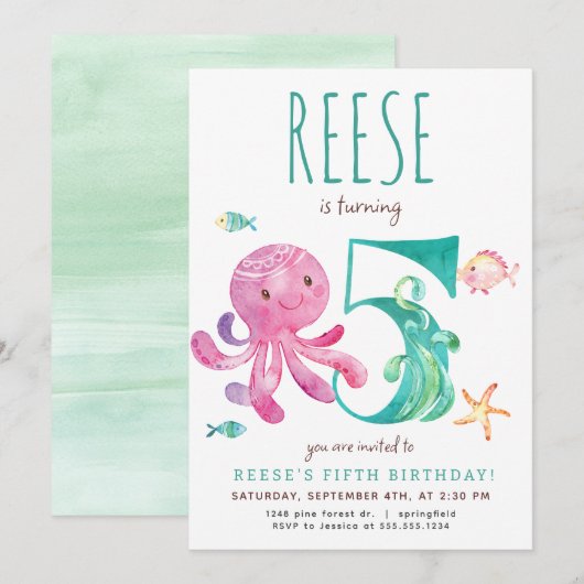 Octopus Uitnodiging voor vijfde verjaardag (Voorkant / Achterkant)