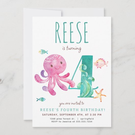 Octopus vierde verjaardag uitnodiging (Voorkant)