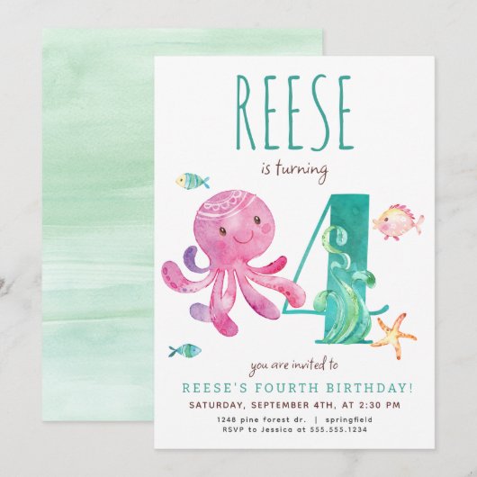 Octopus vierde verjaardag uitnodiging (Voorkant / Achterkant)