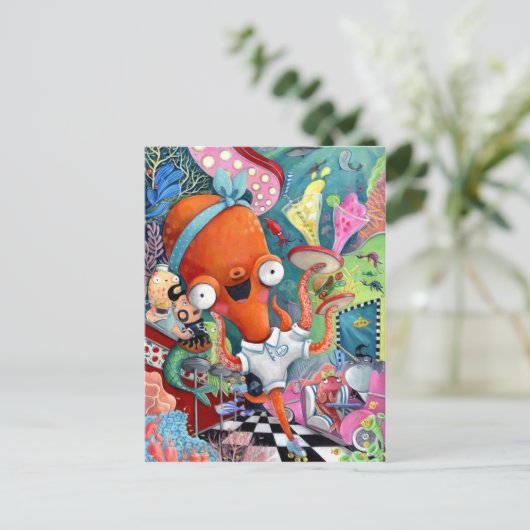 Octopus Waitress in Underwater Road Bar Briefkaart (Staand voorkant)