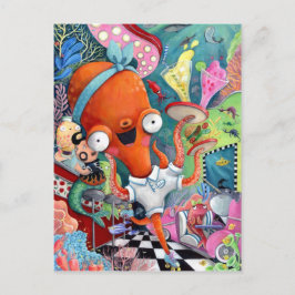 Octopus Waitress in Underwater Road Bar Briefkaart