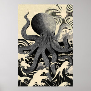 Octopus Wandkunst Afdruk, Zee golven Poster