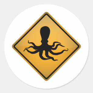 Octopus Warning Sign. Ronde Sticker