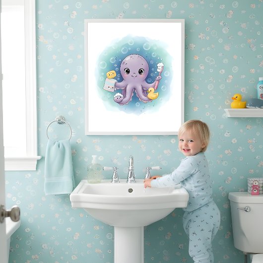 Octopus wastafelstation kinderbadkamer muurdecorat poster