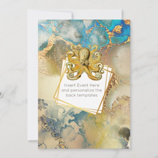 Octopus waterverf goudblauw bruin-nautisch kaart (Voorkant)