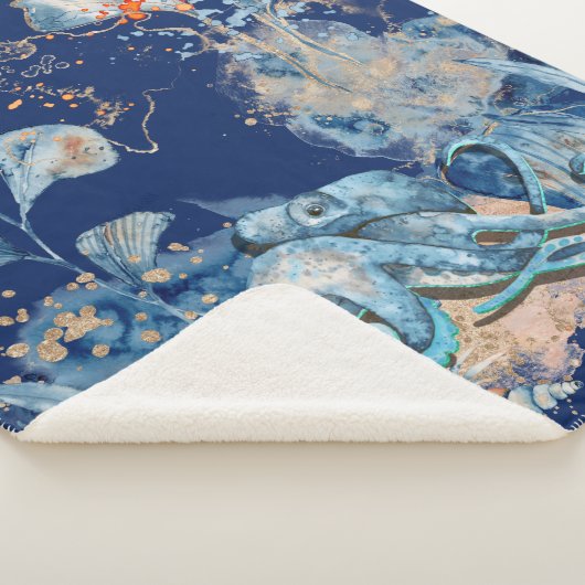 Octopus waterverf oceaan leven marine oranje goud sherpa deken (3/4)