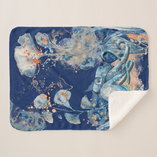 Octopus waterverf oceaan leven marine oranje goud sherpa deken (Voorkant (horizontaal))