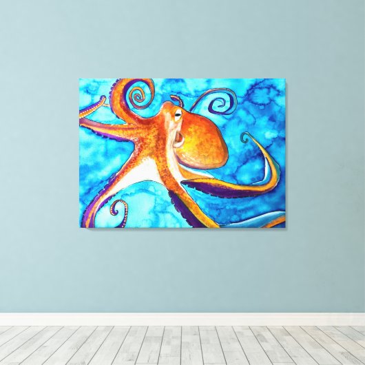 Octopus waterverf onder zee kunst canvas afdruk (Insitu (Houten vloer))