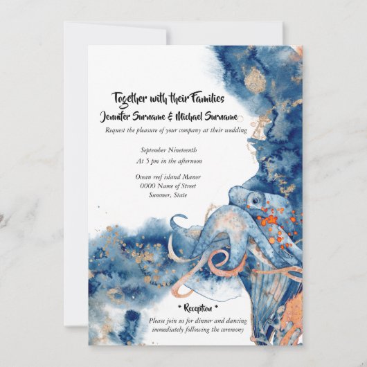 Octopus waterverf strand bruiloft zee leven kust kaart (Voorkant)