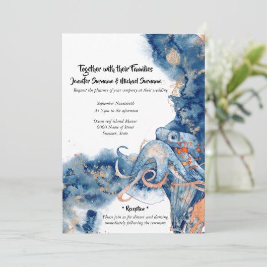 Octopus waterverf strand bruiloft zee leven kust kaart (Staand voorkant)