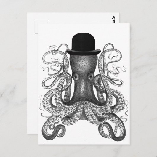 Octopus Wearing Bowler Pet, , Octopus Art Briefkaart (Voorkant / Achterkant)