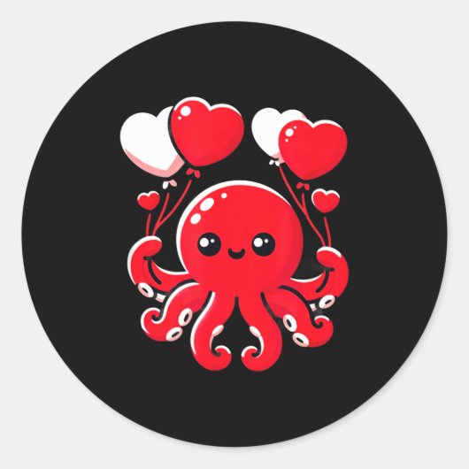Octopus With Heart Balloons Adorable Valentines Da Ronde Sticker (Voorkant)