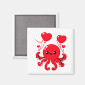 Octopus With Heart Lloons Adorable Valentines Day Magneet (Voorkant / Achterkant)