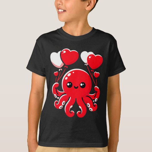 Octopus With Heart Lloons Adorable Valentines Day  T-shirt (Voorkant)